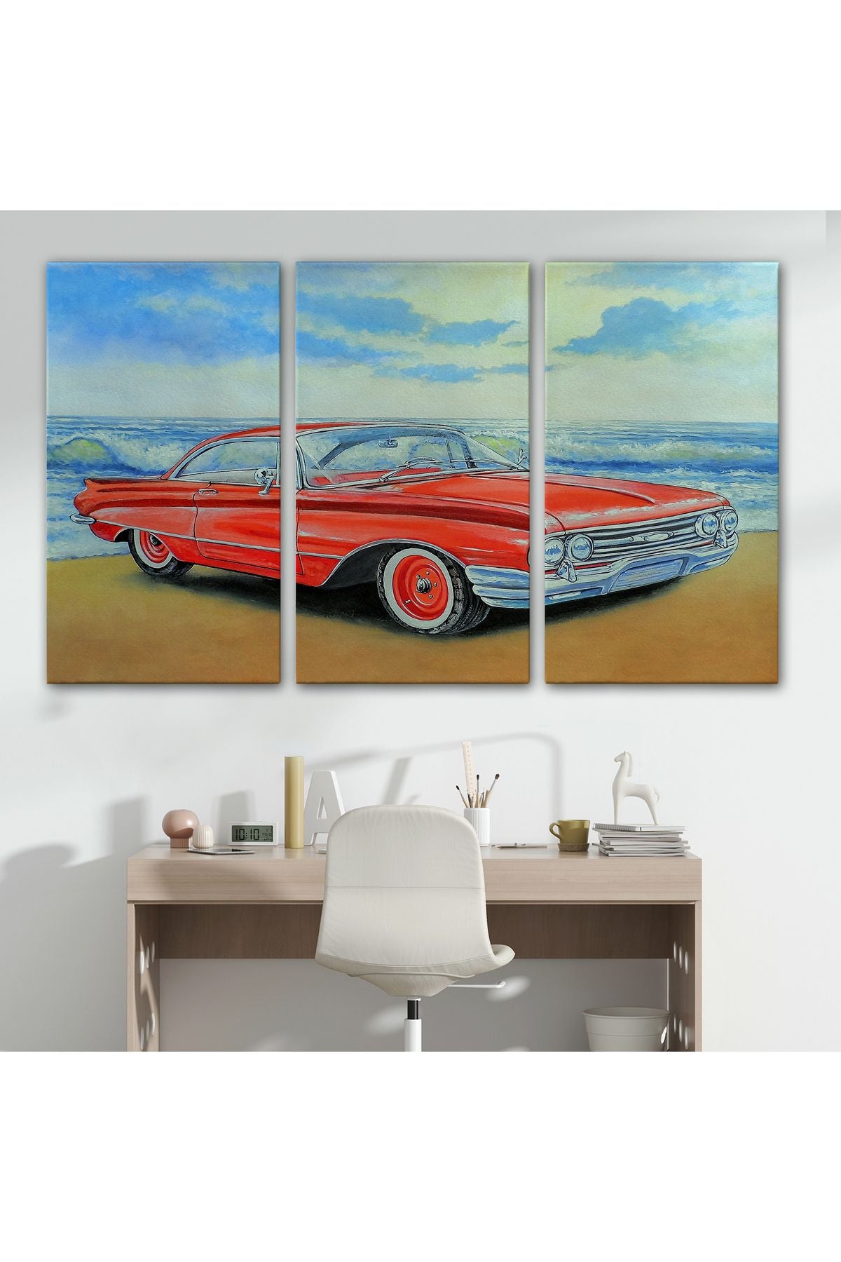 Kızmızı Retro Araba Yağlıboya Görünüm Dekoratif Kanvas Duvar Tablosu-3499