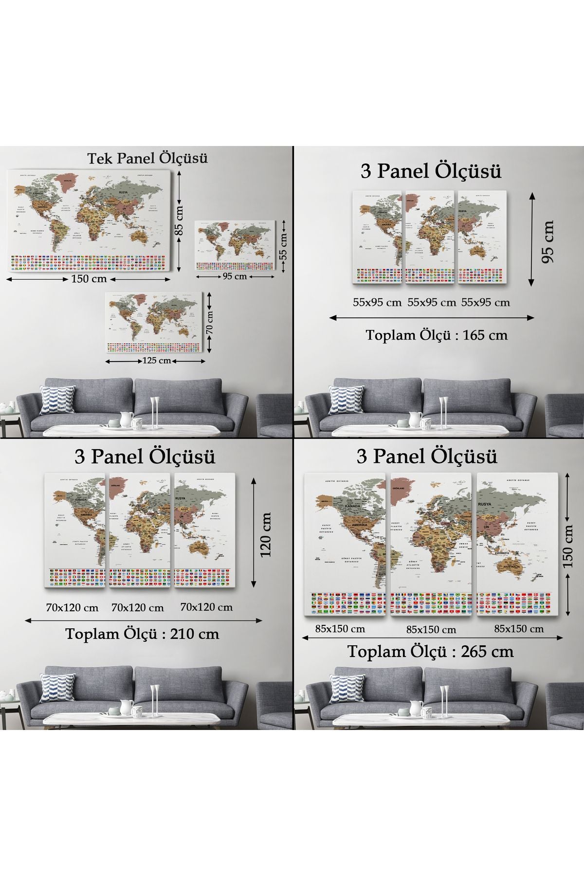 Türkçe Dünya Haritası Son Derece Ayrıntılı Eğitici ve Bayraklı Kanvas Tablo 2809