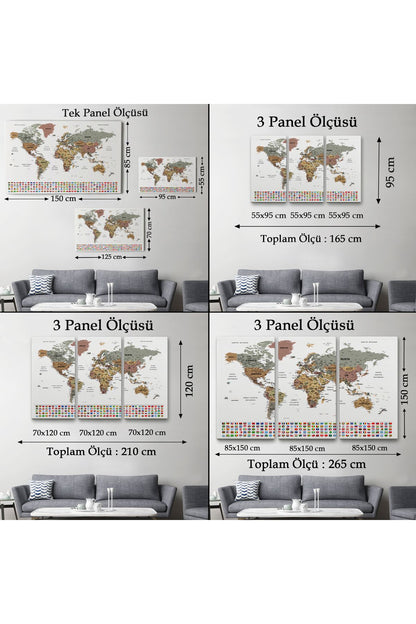 Türkçe Dünya Haritası Son Derece Ayrıntılı Eğitici ve Bayraklı Kanvas Tablo 2809