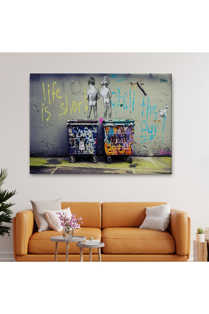 modagos068 Bansky Çöp Kutusuna İşeyen Çocuklar Kanvas Tablosu / Hayat Kısa-5154