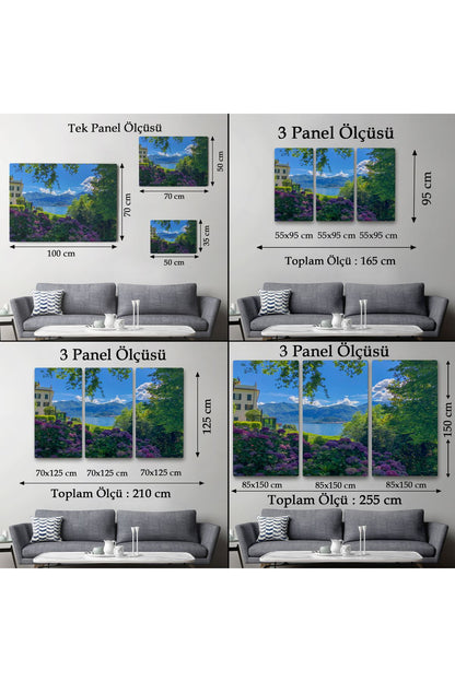 Mor Çiçekler Arasındaki Göl Manzaralı Ev Duvar Tablosu-3673