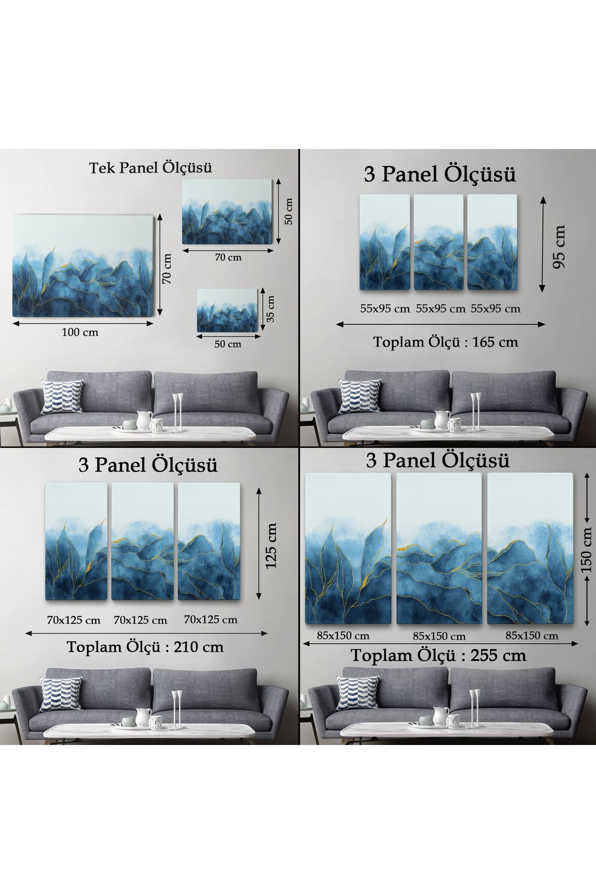 YB Altın Damarlı Soyut Mavi Mermer Taş Dokulu Kanvas Tablo-5042