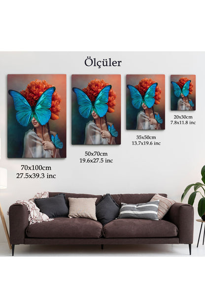 Mavi Kelebekli Kadın Yağlıboya Görünüm Dekoratif Kanvas Duvar Tablosu-5947