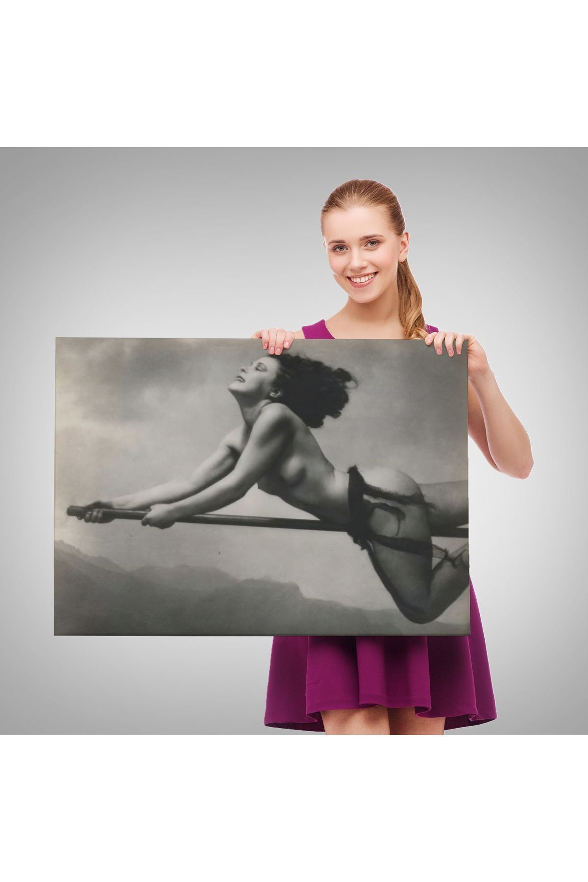 Süpürgeye Binen Çıplak Cadı Tablo, Cadılar Bayramı Gotik Tablo, William Mortensen-5395