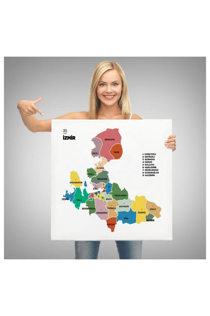 Kanvas, Duvar Tablosu, Dekoratif, İl ve İlçeler Haritası İzmir, Modern 1368 EGKNV