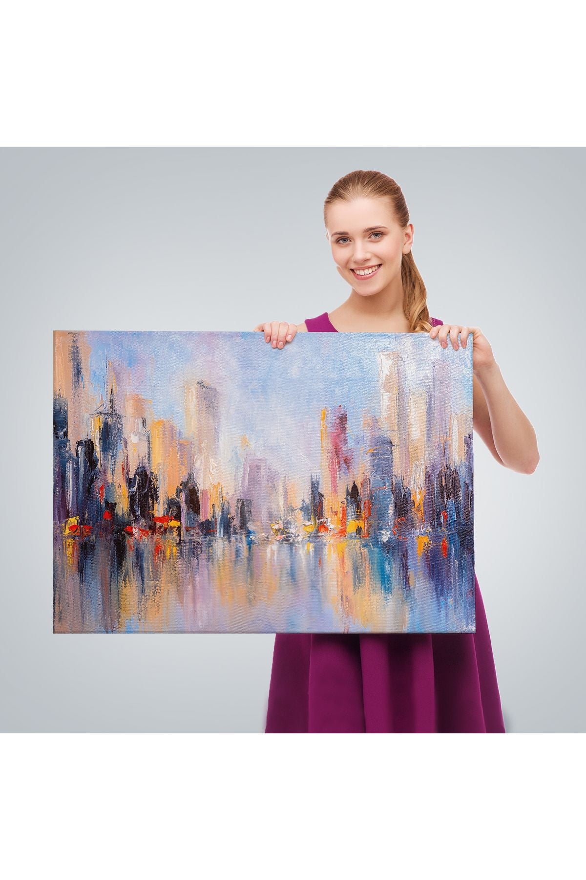 Su Yansimaları ve Şehir Yağlıboya Görünüm Dekoratif Kanvas Duvar Tablosu-3626