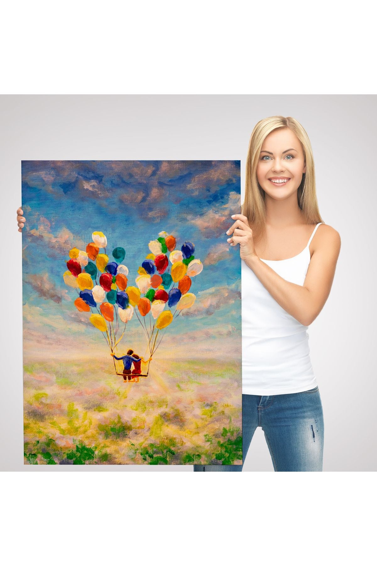 Bolanlar Ile Uçan Sevgililer Yağlıboya Görünüm Dekoratif Kanvas Duvar Tablosu-5944