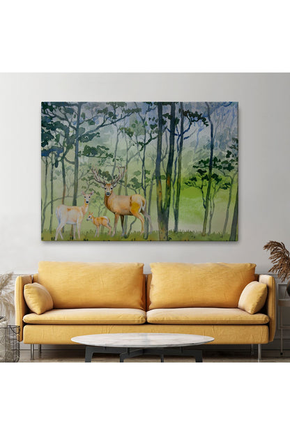 Geyik Ailesi Suluboya Görünüm Dekoratif Kanvas Duvar Tablosu-3648