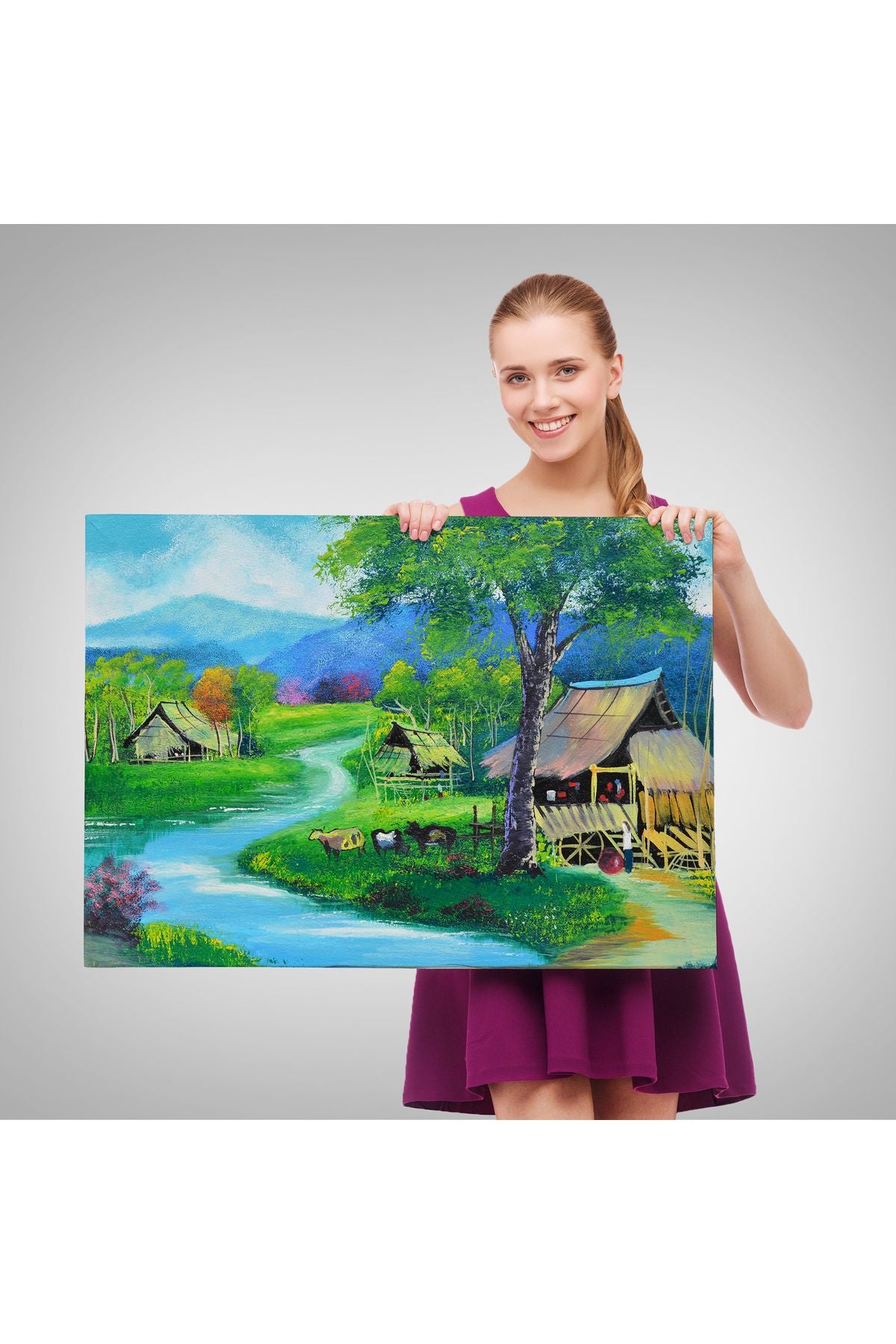 SZ KVS1-Dekoratif Duvar Tablosu-Taşra Köy Manzarası Tayland Kanvas Tablo 3478