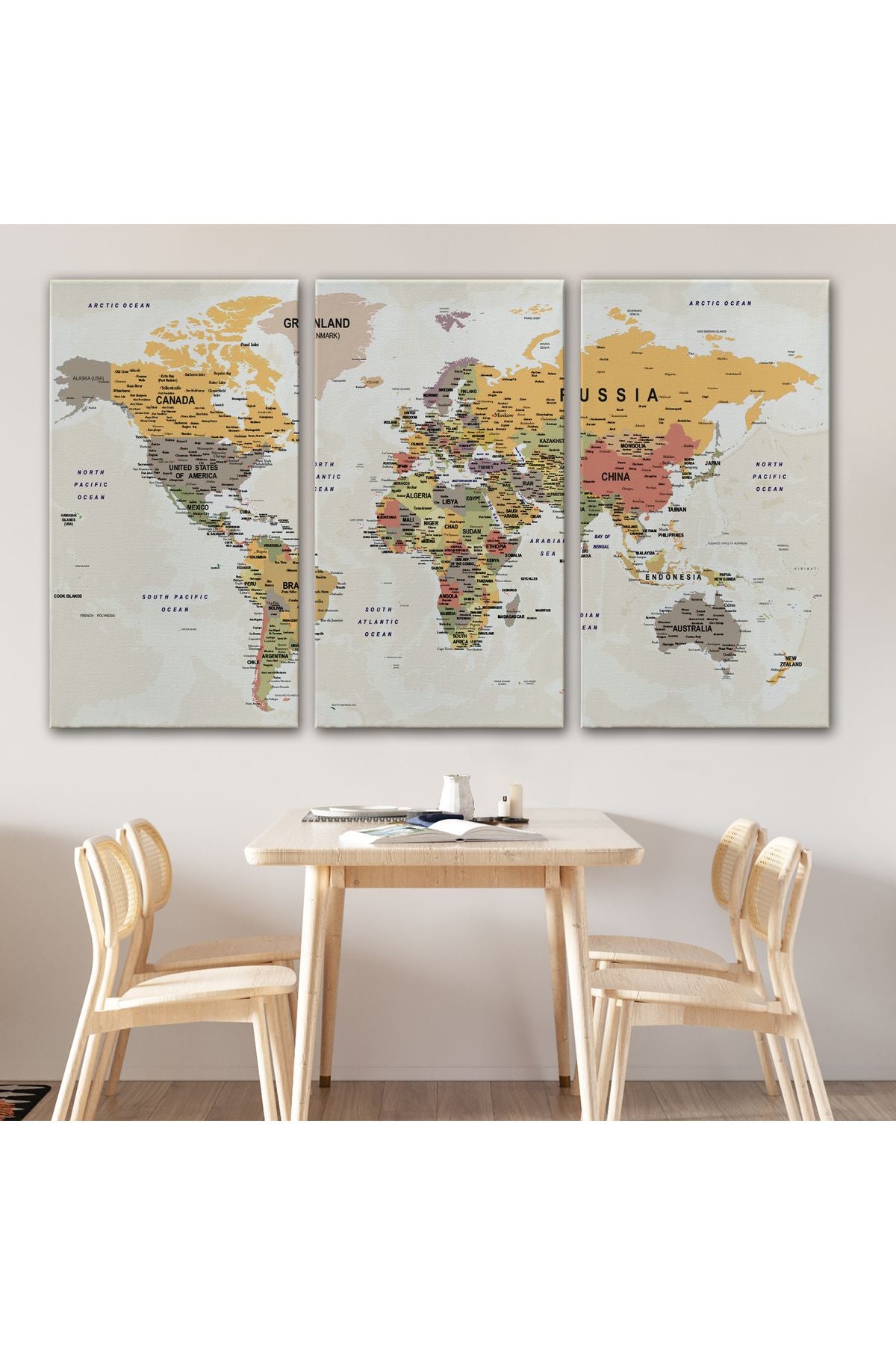 YB Dünya Haritası Son Derece Ayrıntılı Eğitici Okyanuslu Dekoratif Kanvas Tablo 2525