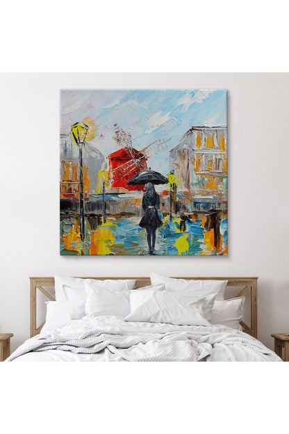 Paris de Yağmur da Yürüyen Kadın Yağlıboya Görünüm Dekoratif Kanvas Duvar Tablosu-5844
