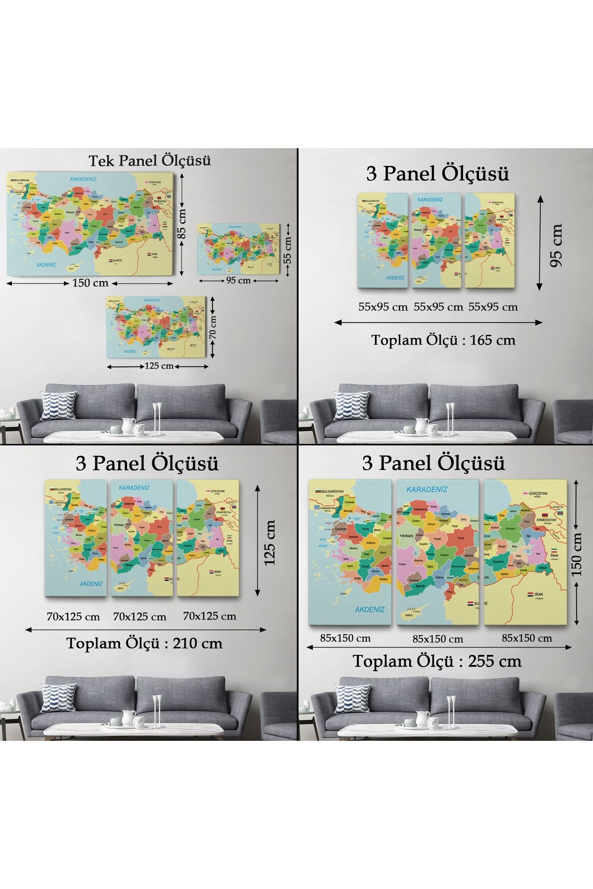 Türkiye Haritası Kanvas Tablo Sınır Komşulu Eğitici Dekoratif Tablo 3096