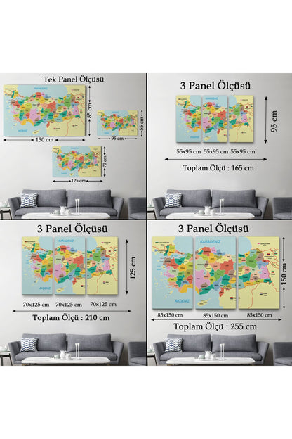 Türkiye Haritası Kanvas Tablo Sınır Komşulu Eğitici Dekoratif Tablo 3096