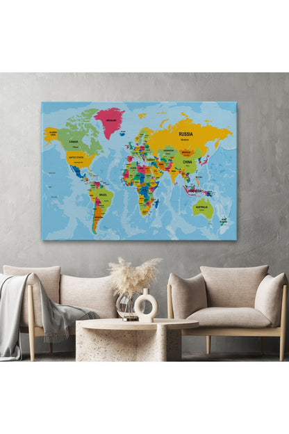 Dünya Haritası Ülke Başkentli Okyanuslu ve Dekoratif Kanvas Tablo 2243