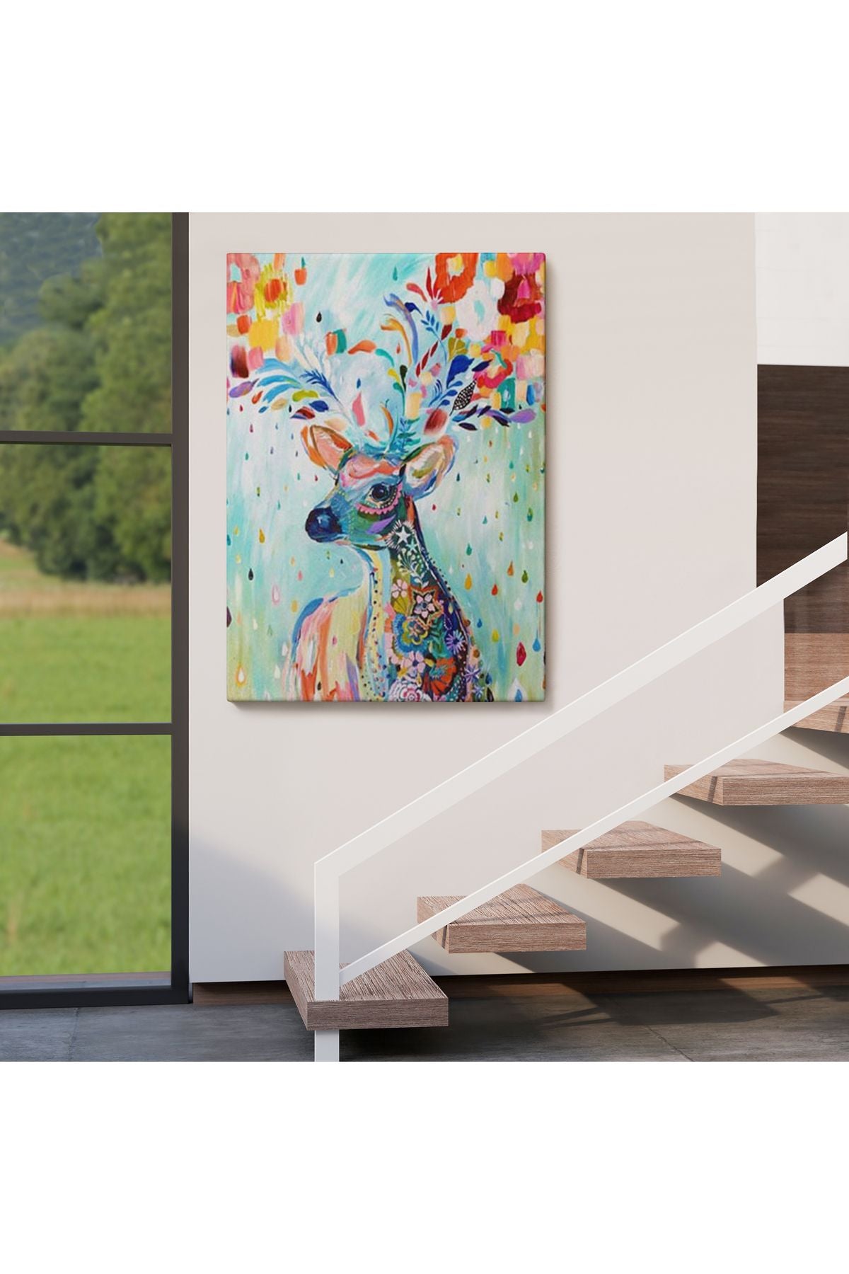 Renkli Çiçek Detaylı Geyik Dekoratif Duvar Tablosu-6196