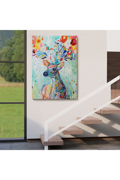 Renkli Çiçek Detaylı Geyik Dekoratif Duvar Tablosu-6196
