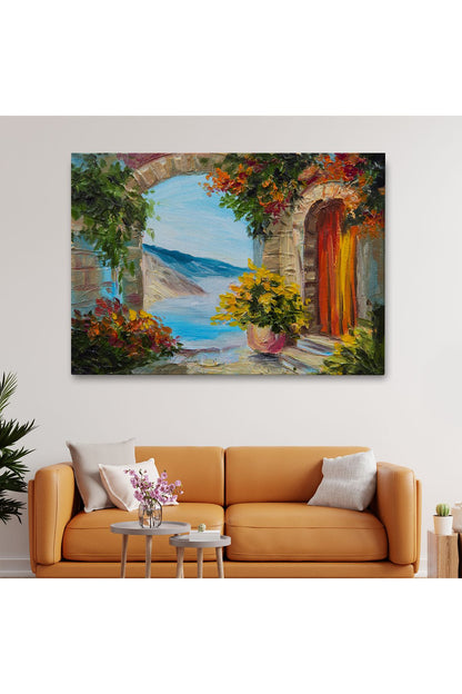 Dekoratif Duvar Tablosu-Deniz Manzaralı Ev ve Renkli Çiçekler Kanvas Tablo 3636