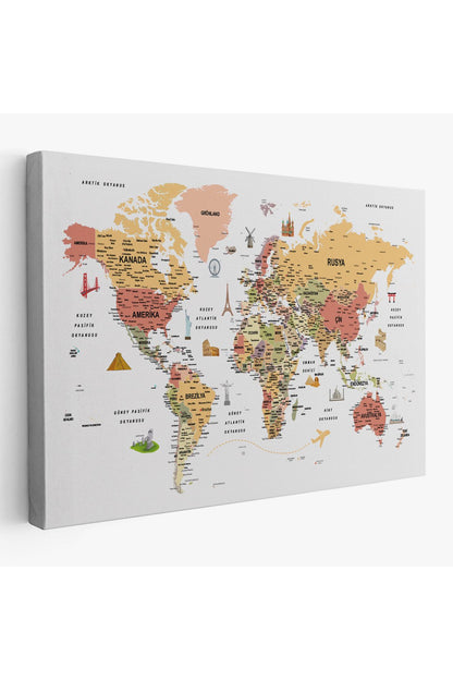 Türkçe Dünya Haritası Son Derece Ayrıntılı Eğitici ve Sembollü Kanvas Tablo 3206