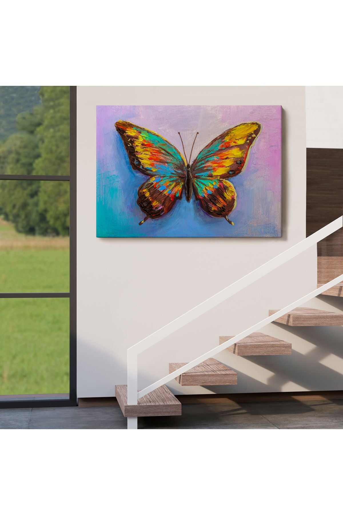 Renkli Kelebek Yağlıboya Görünüm Dekoratif Kanvas Duvar Tablosu-3628
