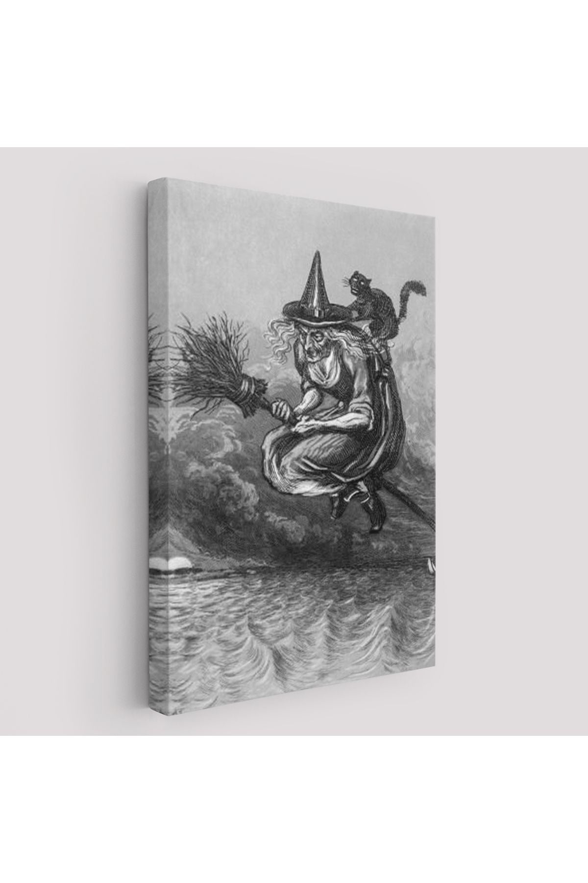 Süpürge ile Uçan Yaşlı Cadı ve Kedisi, Cadılar Bayramı Hediyesi, Hellowen Tablo -6304