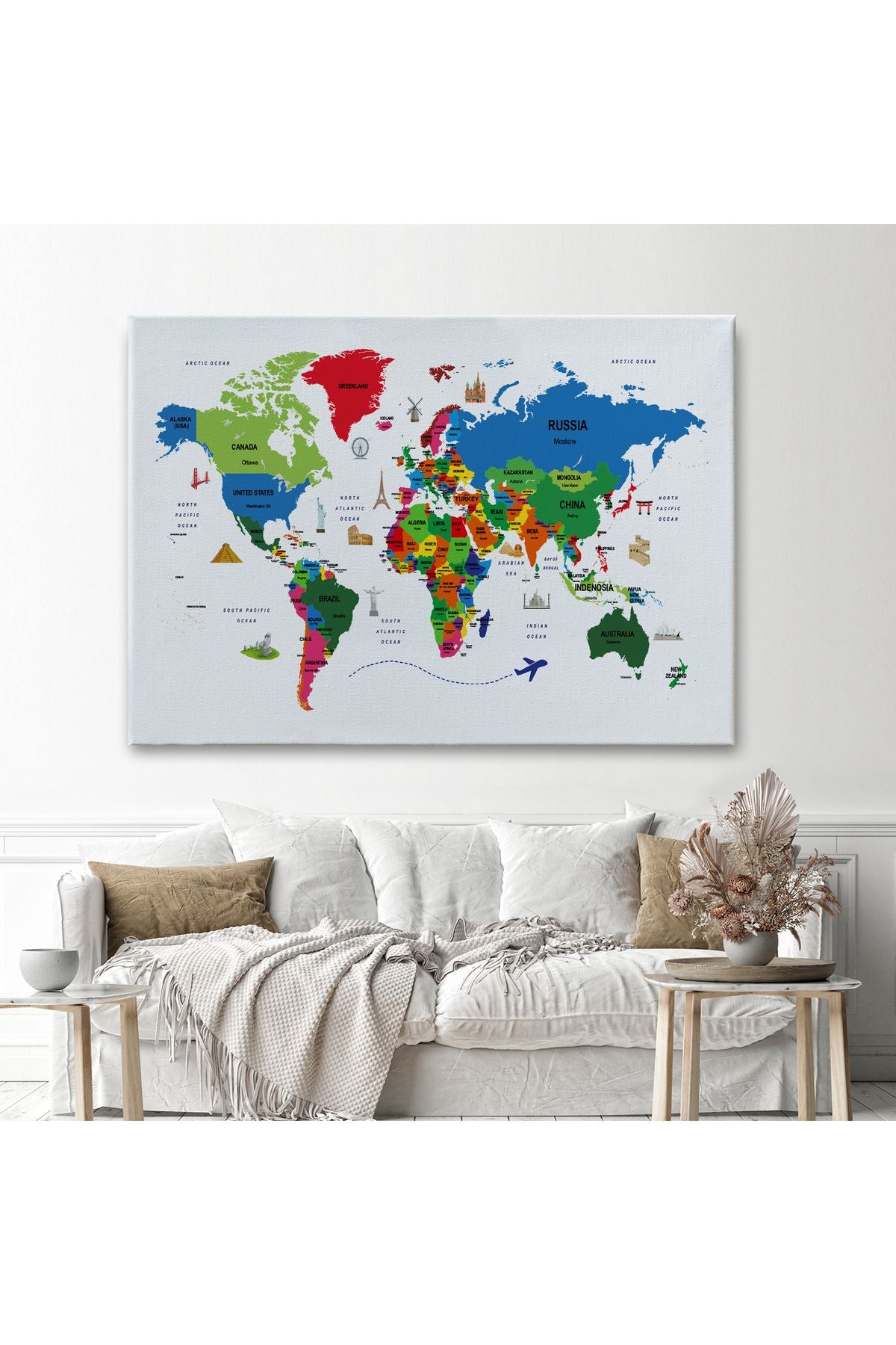 Dünya Haritası Dekoratif Kanvas Tablo Ülke ve Başkentli Öğretici ve Sembollü 2331