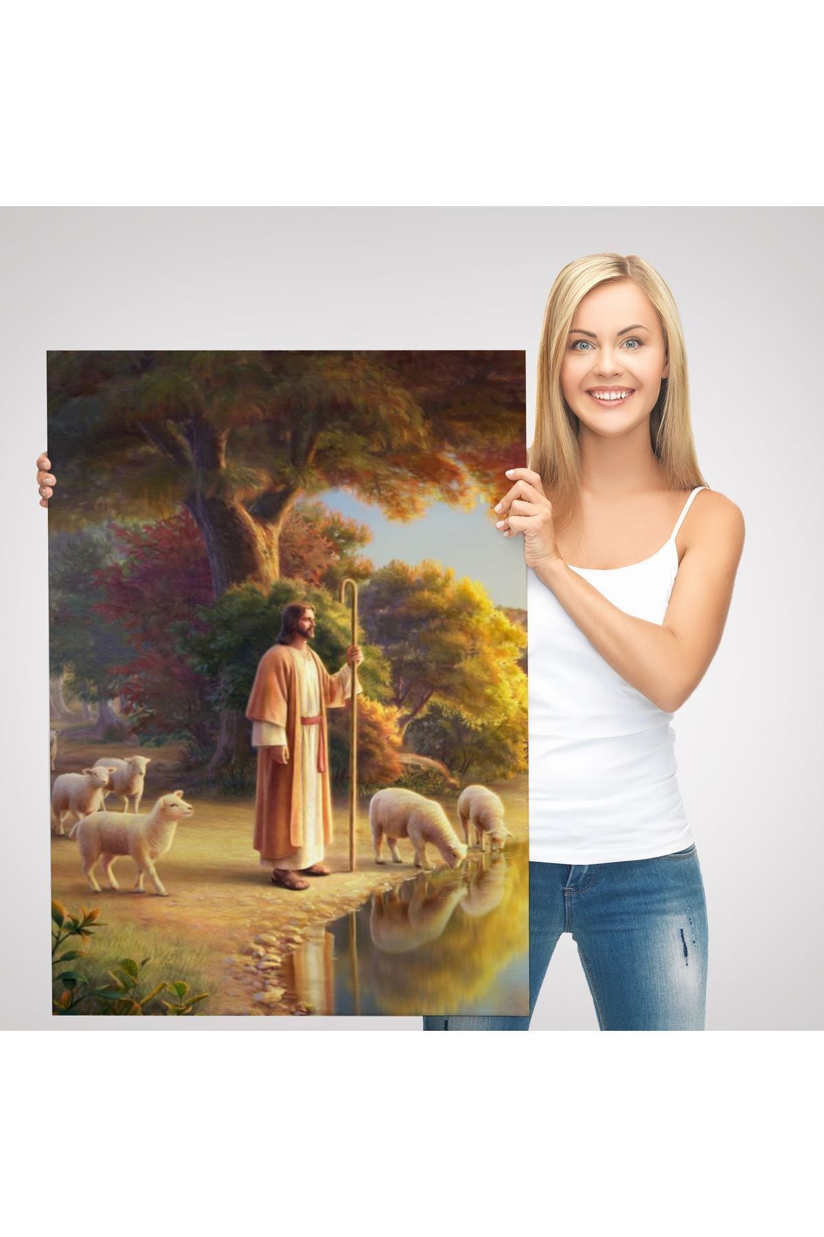 Dekoratif Kanvas Tablo-Hristiyan Duvar Sanatı, Kuzular ve Göl Kenarında İsa Mesih 5272