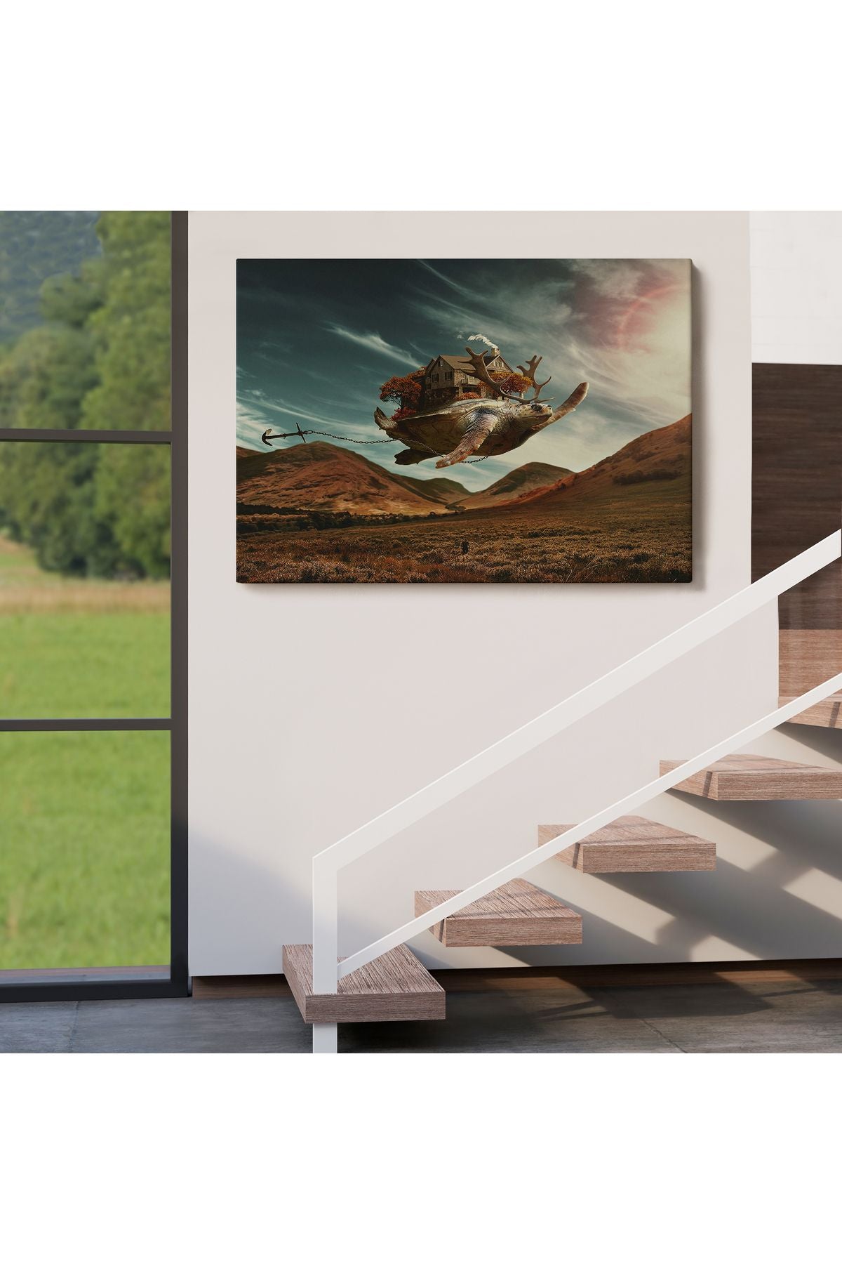 SZ KVS1-Dekoratif Duvar Tablosu-Sürreal Geyik Boynuzlu Kaplumbağa Kanvas Tablo 6560