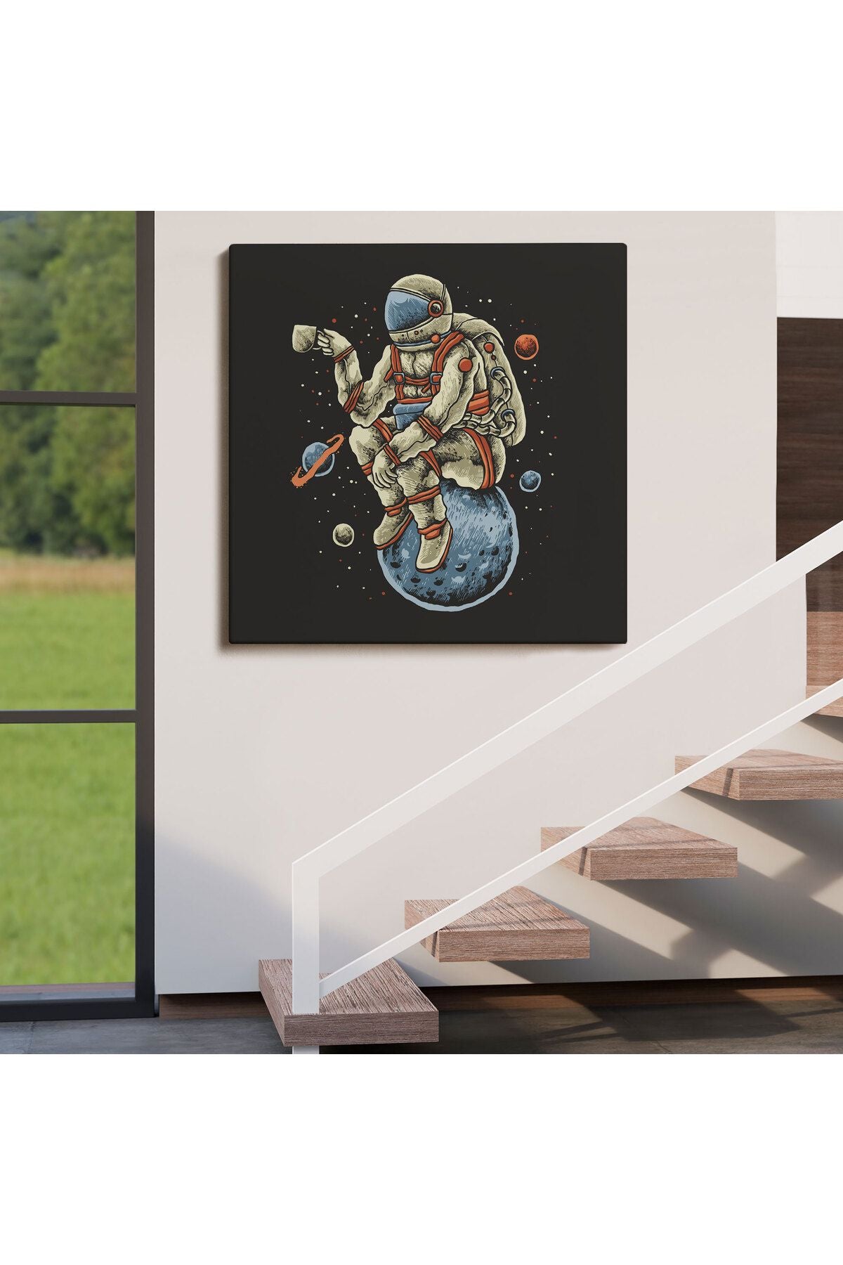 Dünya Üzerinde Dinlenip Kahve İçen Astronot Kanvas Tablo-5098