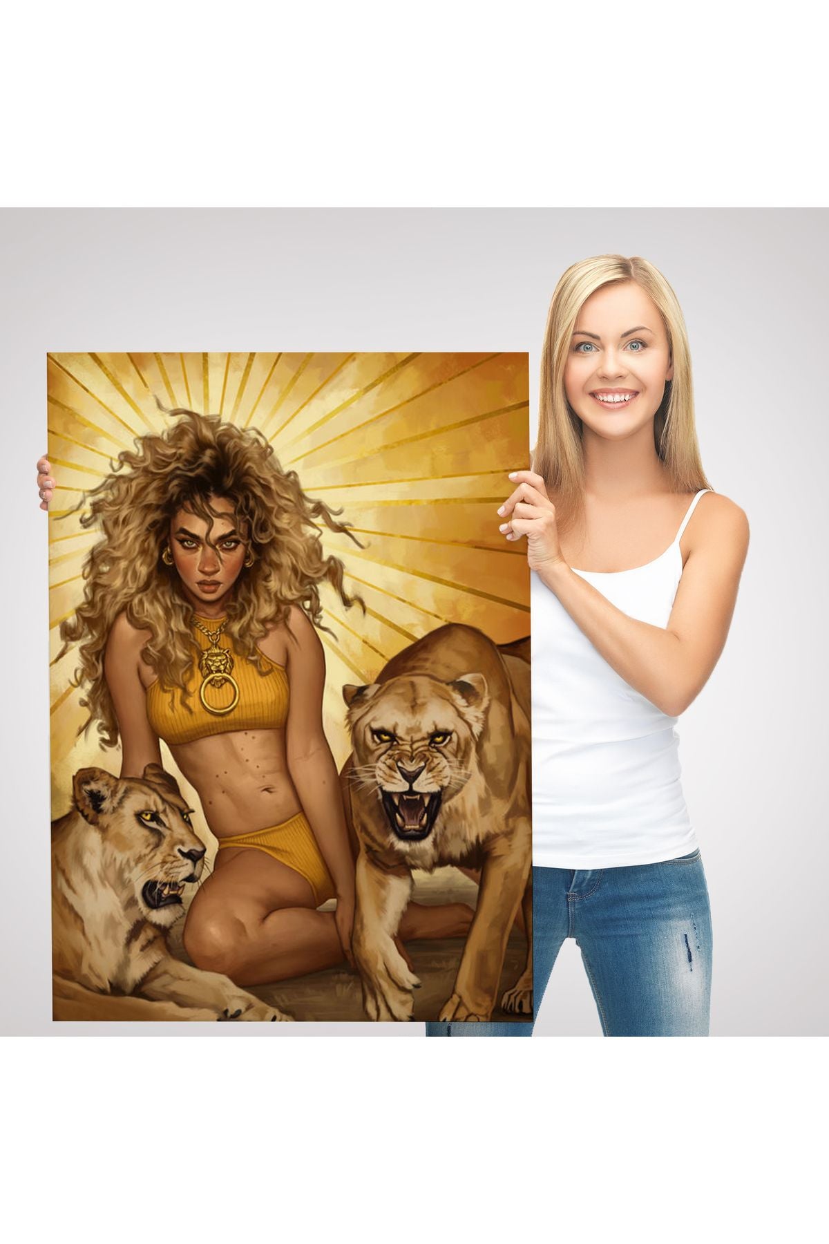 Aslanlarla Oturan Sarışın Vahşi Kadın Kanvas Tablo-5278