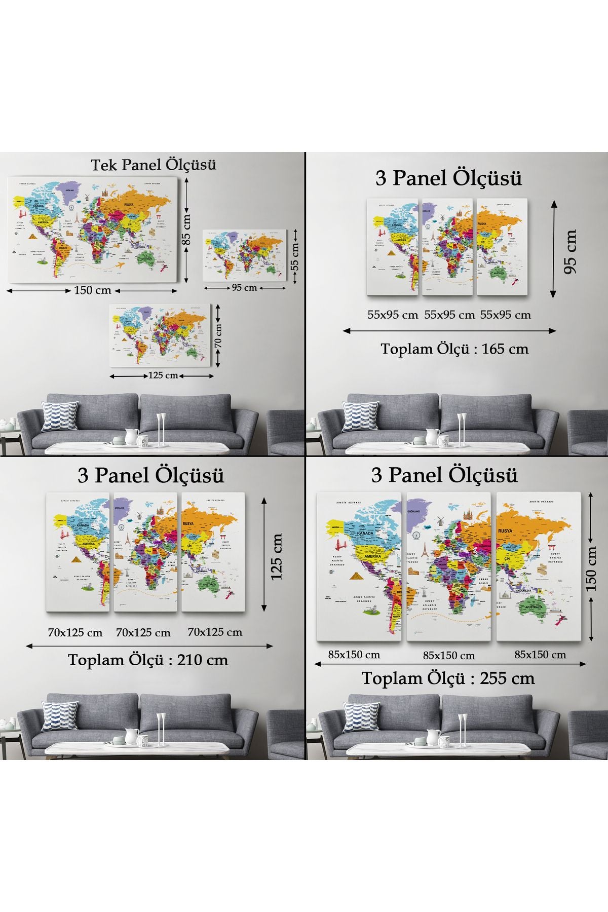 HG Türkçe Dünya Haritası Son Derece Ayrıntılı Eğitici  ve Sembollü Kanvas Tablo 3180