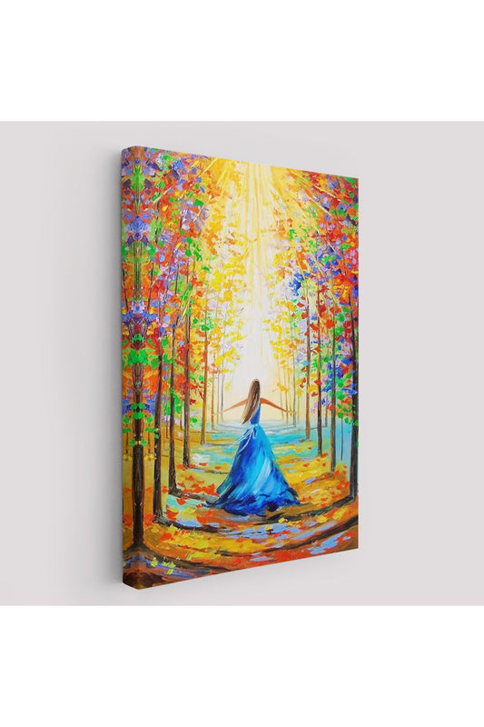 Renkli Ormanda Yürüyen Mavi Elbiseli Kadın Tablosu-6039