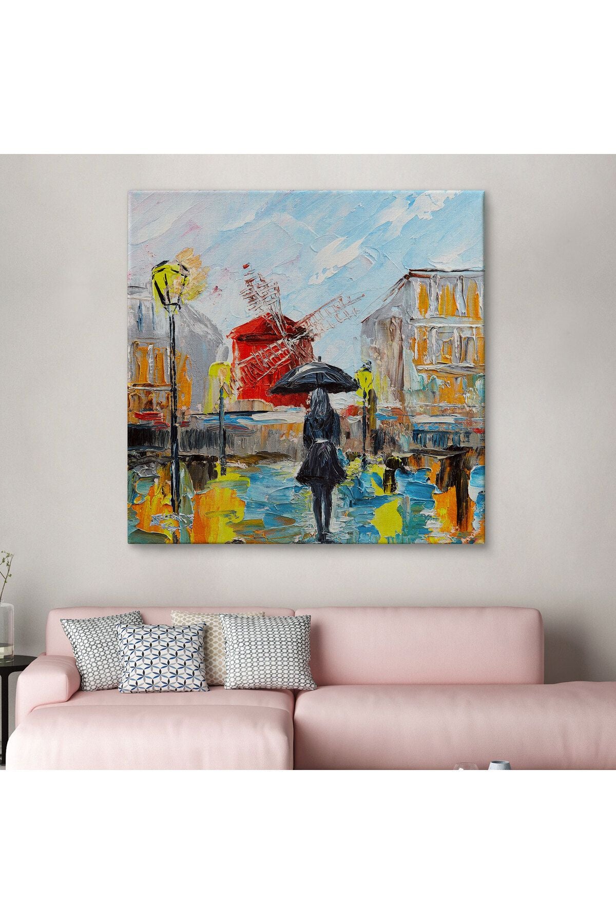 Paris de Yağmur da Yürüyen Kadın Yağlıboya Görünüm Dekoratif Kanvas Duvar Tablosu-5844