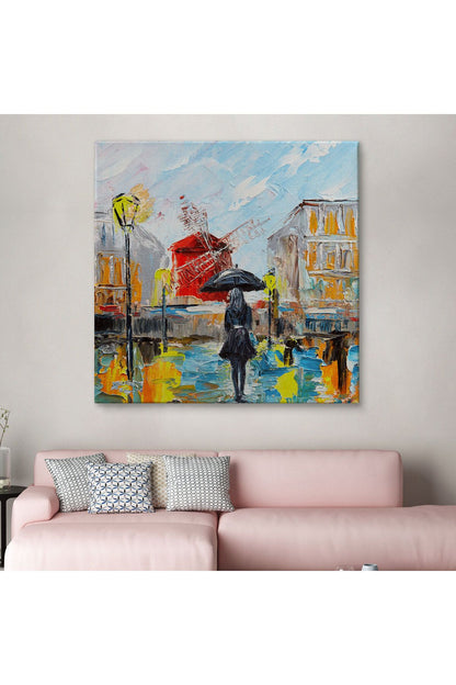 Paris de Yağmur da Yürüyen Kadın Yağlıboya Görünüm Dekoratif Kanvas Duvar Tablosu-5844