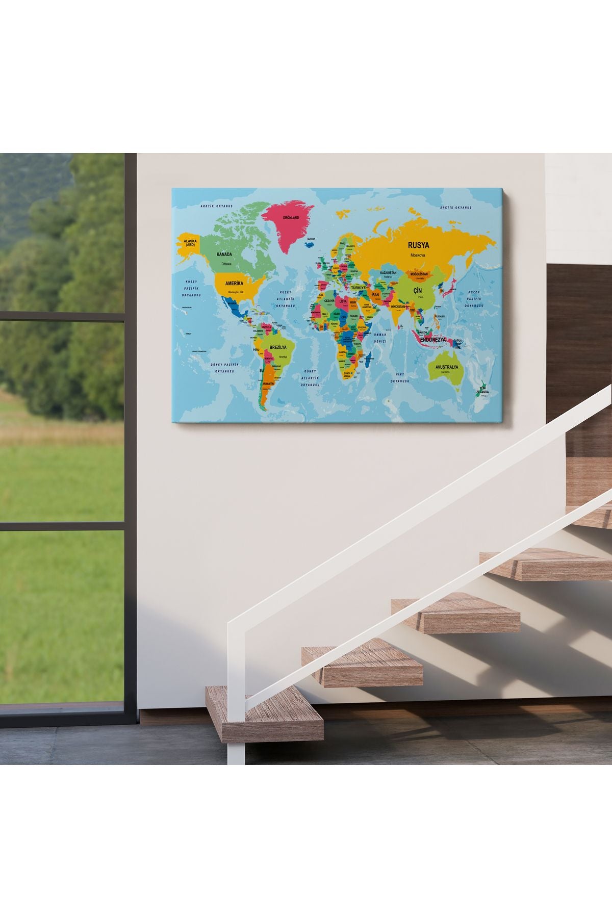 Türkçe Dünya Haritası Ülke Başkentli ve Okyanuslu Dekoratif Kanvas Tablo 2242