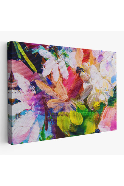 DB Renkli Çiçek Desenli Yağlıboya Görünüm Dekoratif Kanvas Duvar Tablosu-3566