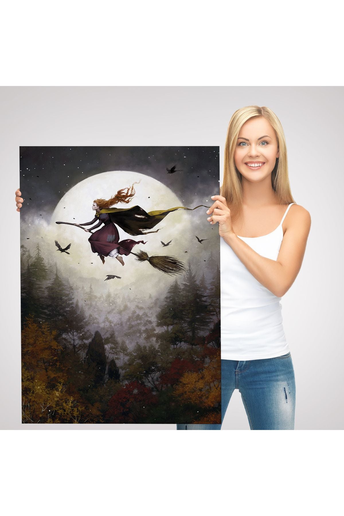 Süpürge ile Uçan Cadı, Cadılar Bayramı Hediyesi, Hallowen Tablo -6398