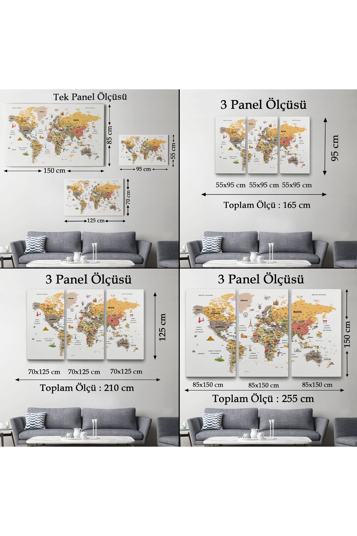 YB HG Türkçe Dünya Haritası  Ayrıntılı Eğitici-Öğretici ve Sembollü Dekoratif Kanvas Tablo 3200