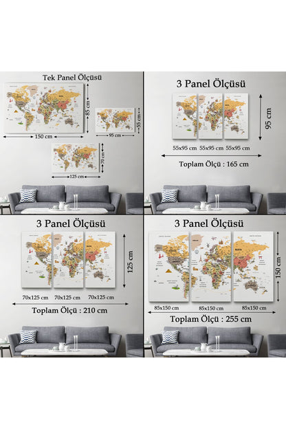 YB HG Türkçe Dünya Haritası  Ayrıntılı Eğitici-Öğretici ve Sembollü Dekoratif Kanvas Tablo 3200