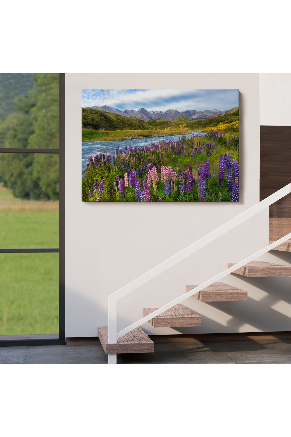Nehir Dağ ve Mor Acı Bakla Çiçekleri Manzarası Duvar Tablosu-3759