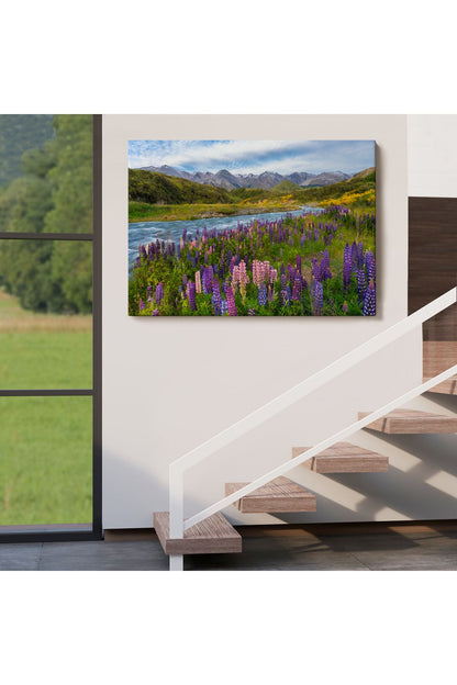 Nehir Dağ ve Mor Acı Bakla Çiçekleri Manzarası Duvar Tablosu-3759